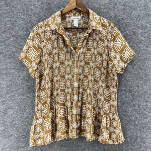 Rene Margo Shirt Women L Large Brown Geometric Button Up Collared Short Sleeve